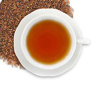 Image icon of dry loose-leaf tea in the upper corner underneath a white teacup and saucer filled with light amber colored hot tea