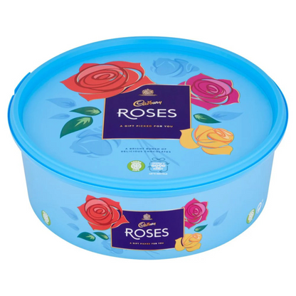 Cadbury Roses chocolate gift container with blue lid and rose designs on a white background