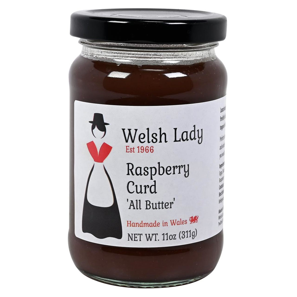 Jar of raspberry curd with 'Welsh Lady' label on a white background