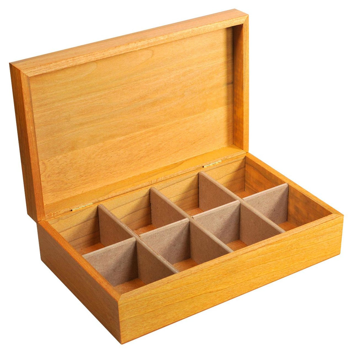 Wooden box with compartments to hold tea bags on a white background