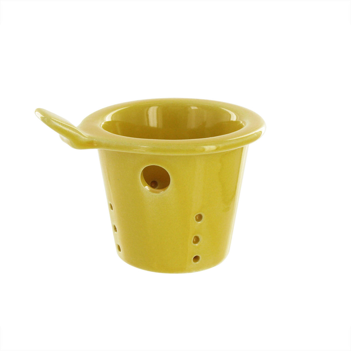 Yellow ceramic infuser for teapot on a white background