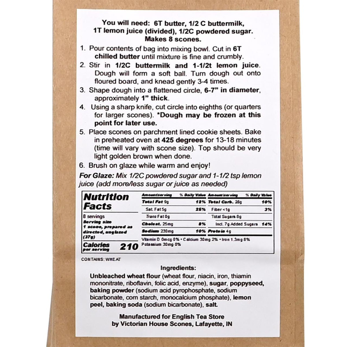 Baking mix packaging with recipe and nutrition facts on a white background