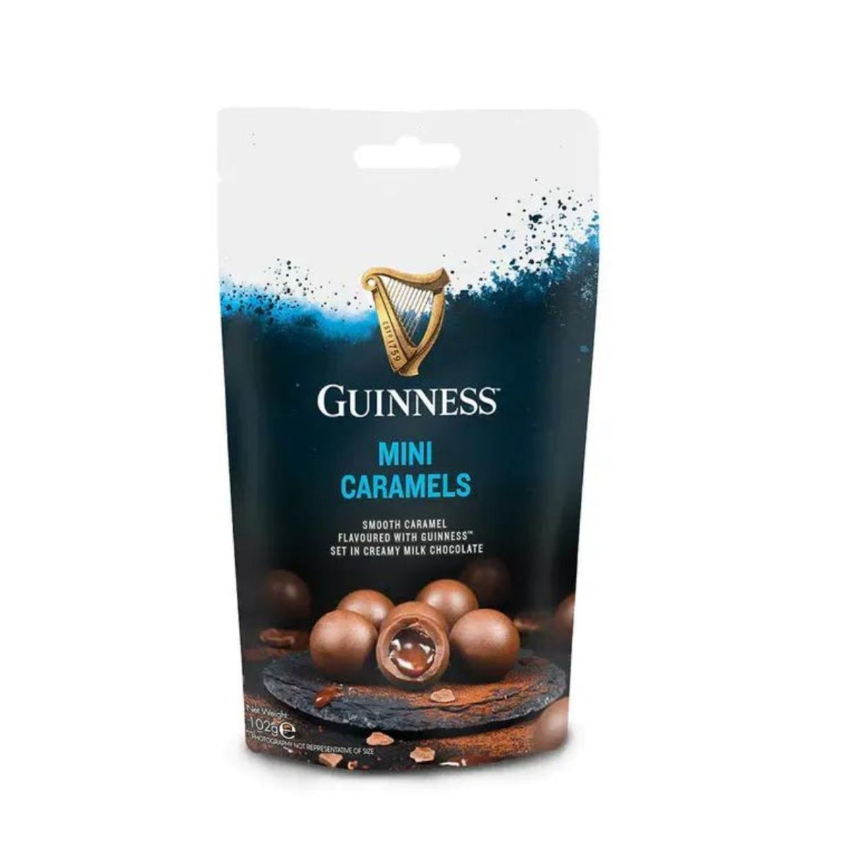 Packaging of Guinness mini caramels on a white background