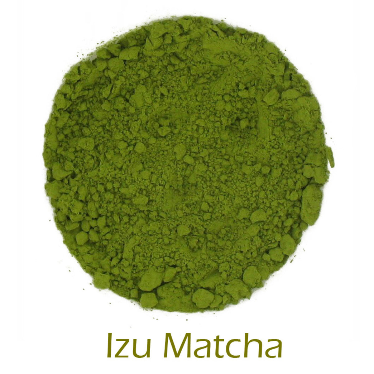Izu Matcha powder on a white background with product title text callout at bottom