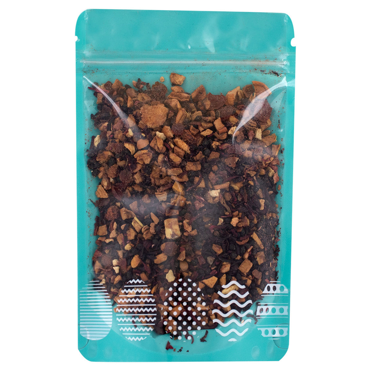 Tea leaves in a blue transparent packaging with a white background