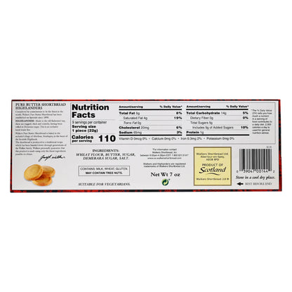 Box of Walker's Highlanders Shortbread Cookies displaying nutrition facts label with package on a white background