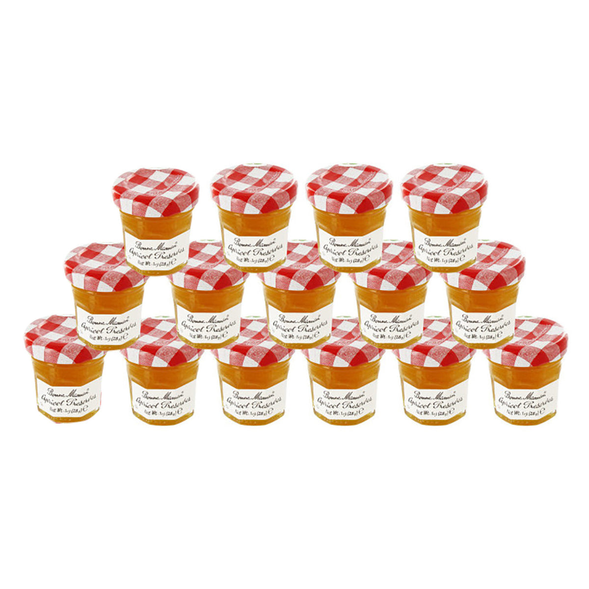 15 small jars of Bonne Maman Apricot Preserves with a red and white checkered lid on a plain background.