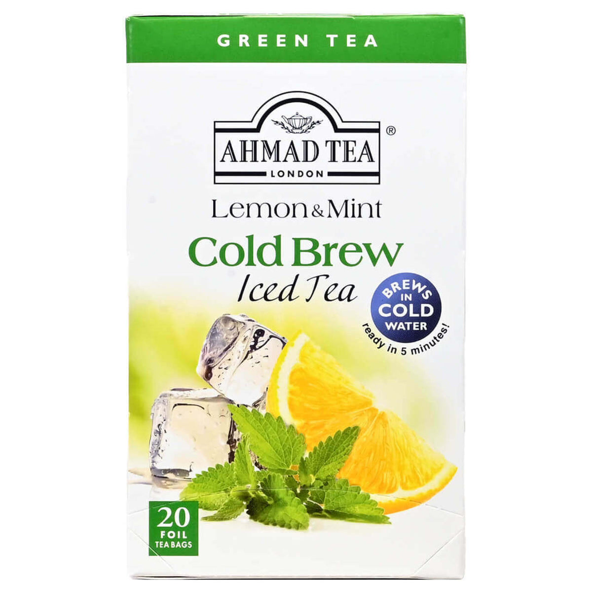 Ahmad Tea Lemon & Mint Cold Brew Iced Tea package on a white background