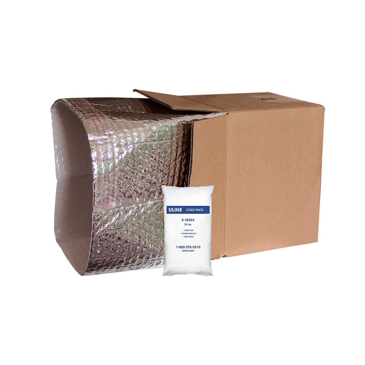 Cardboard box with bubble wrap and a ULINE cold pack on a white background