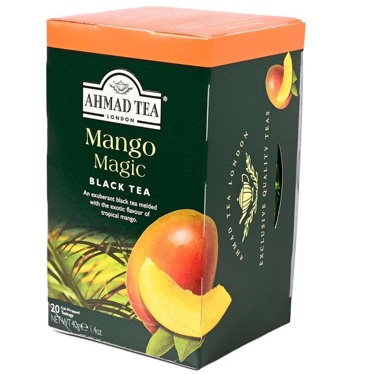 Box of Ahmad Tea Mango Magic Black Tea with mango illustration on a white background