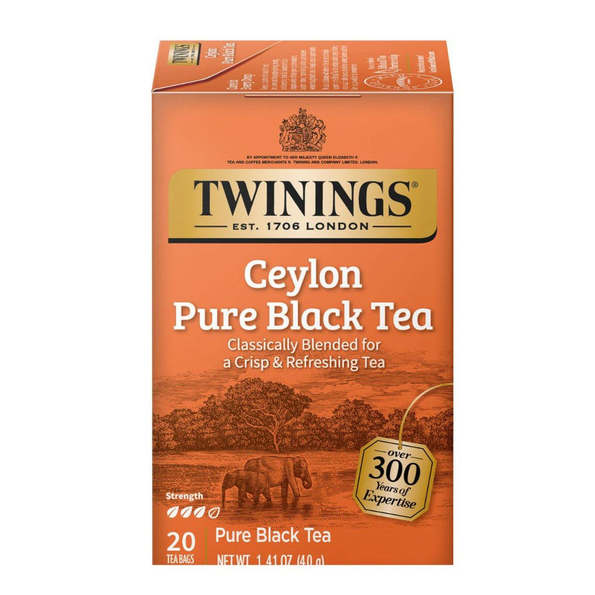 Twinings Ceylon Pure Black Tea orange packaging on a white background