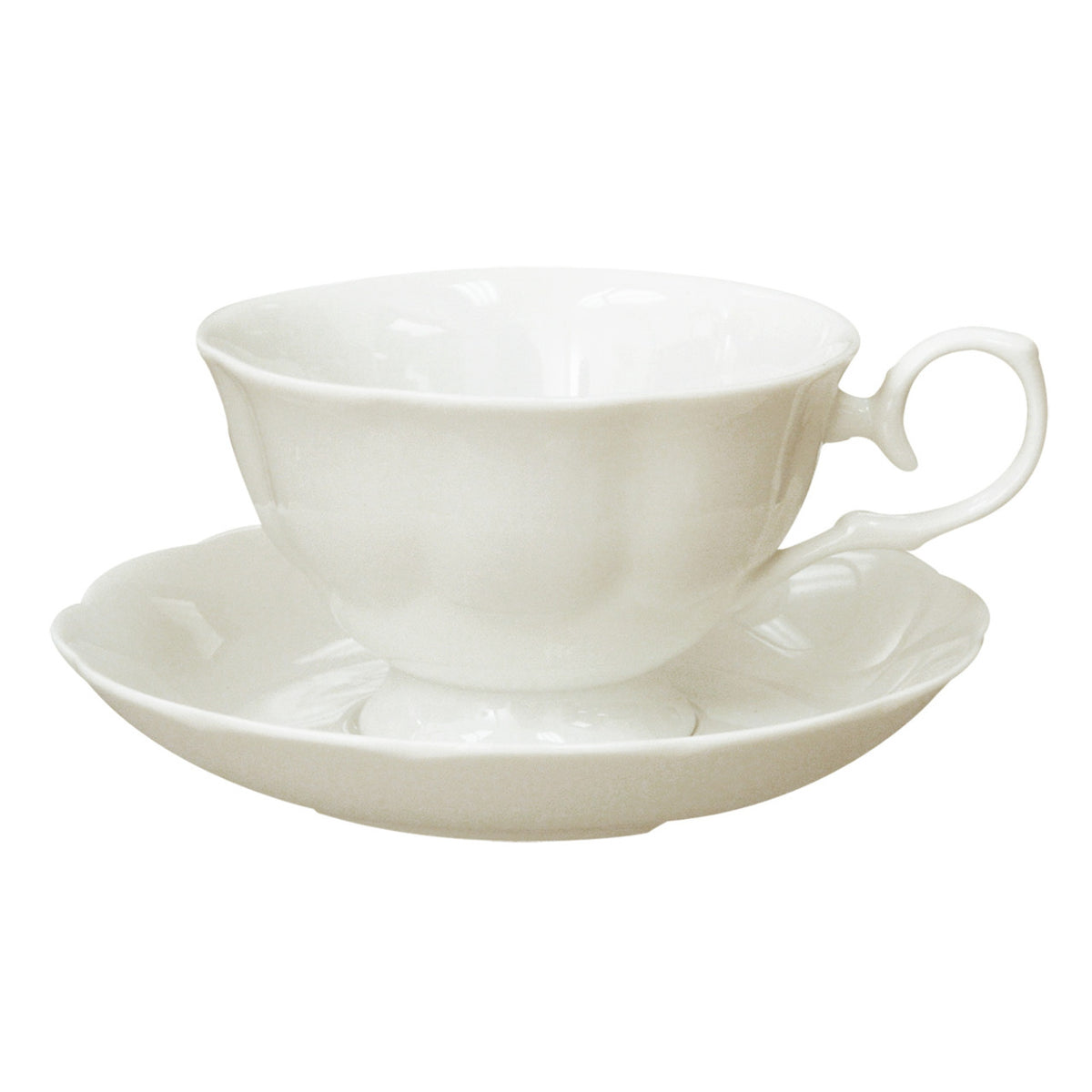 White porcelain teacup and saucer on a white background