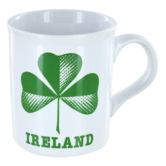 White mug with green shamrock and 'IRELAND' text on a white background