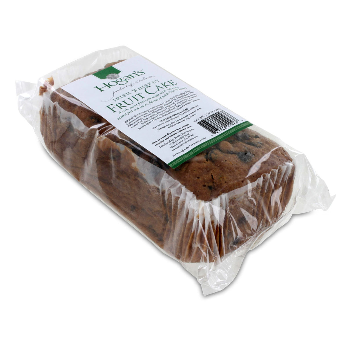 Packaged Hogan's Irish Whiskey fruit cake with a clear wrapper on a white background