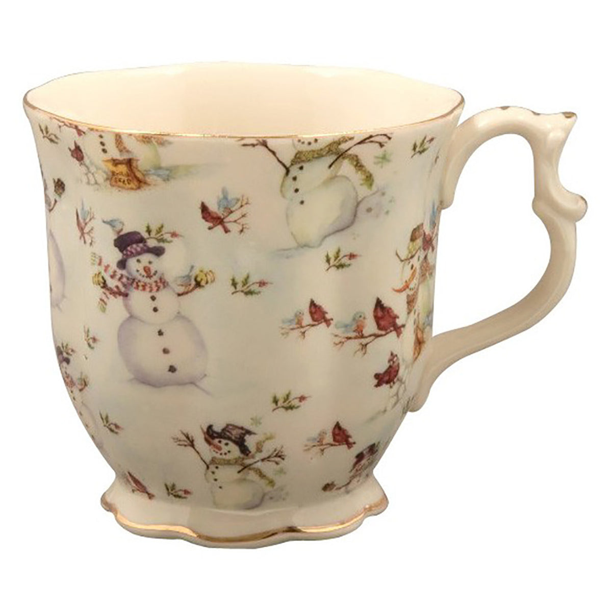 Decorative mug with winter-themed design featuring snowmen and birds on a white background.