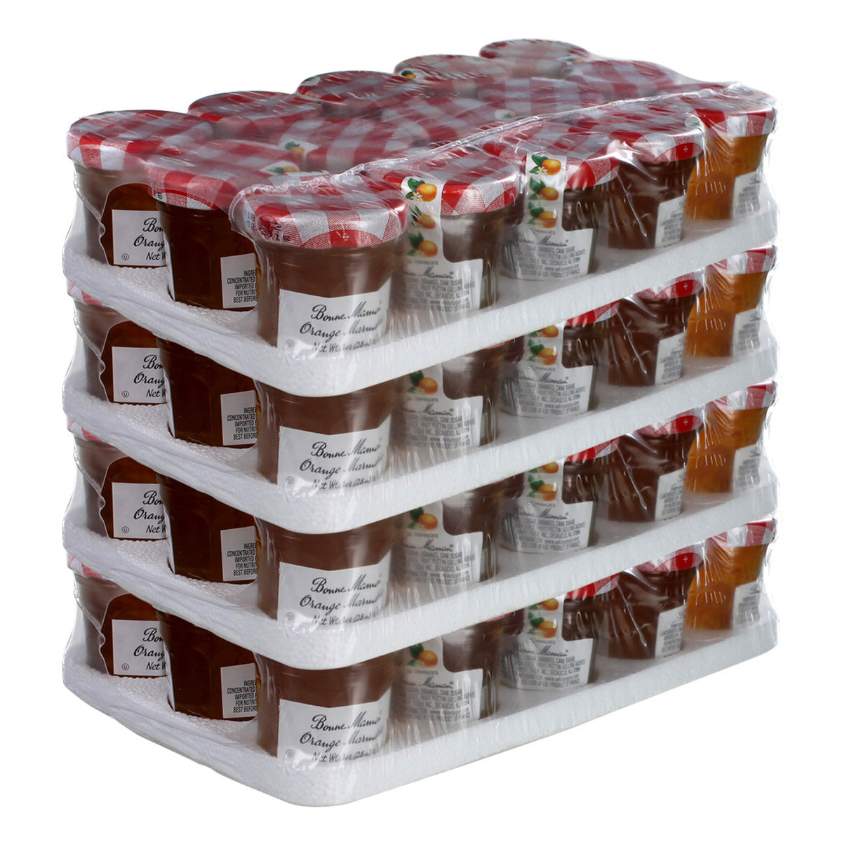 Case of 1oz jars of Bonne Maman Orange Marmalade with a red and white checkered lid on a white background