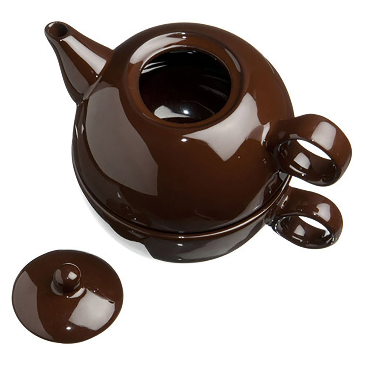 Brown ceramic teapot stacked on matching teacup with lid on the side on a white background