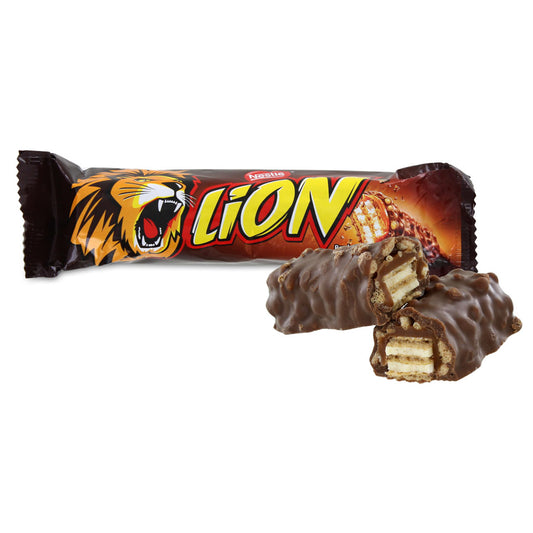 Nestle Lion chocolate bar with packaging and a piece of the bar on a white background