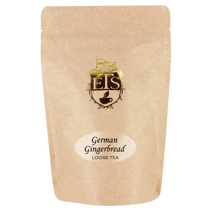 Kraft paper packaging of German Gingerbread loose tea with the ETS logo on a white background