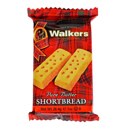 Packaged shortbread cookies with Walkers branding on a red and black checkered background