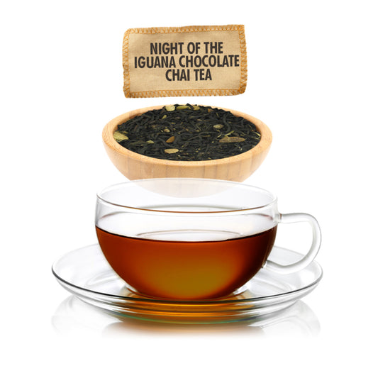 Glass cup of chocolate chai tea with a bowl of tea leaves and product label on a white background.