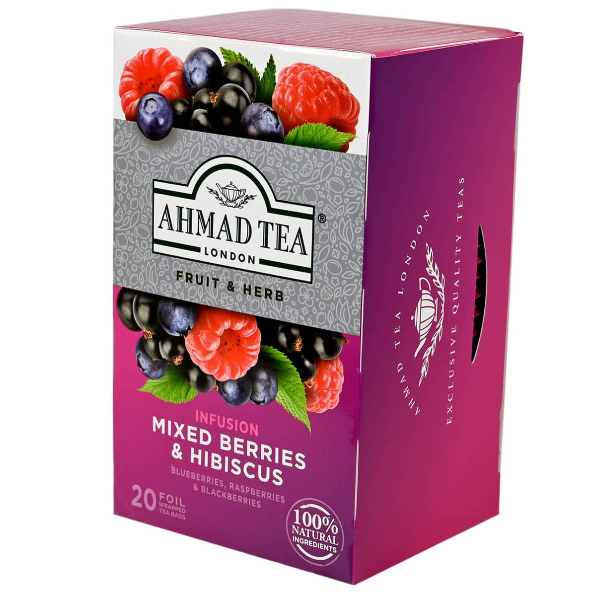 Ahmad Tea box of Mixed Berries & Hibiscus tea on a white background