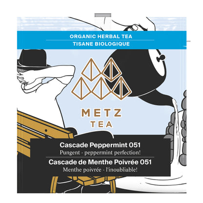Metz Tea package with illustration of a person pouring tea, featuring the brand logo and product details.
