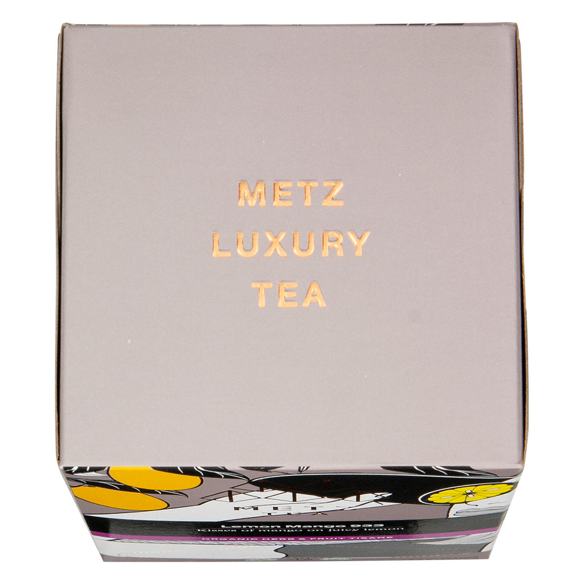 Box of Metz Luxury Tea with gold text on a white background