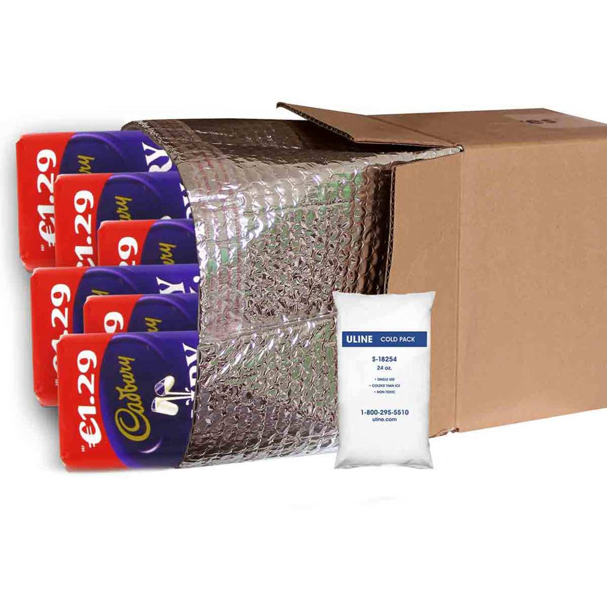 Cardboard box with bubble wrap and Uline cold pack on a white background with Cadbury chocolate bars inside the box