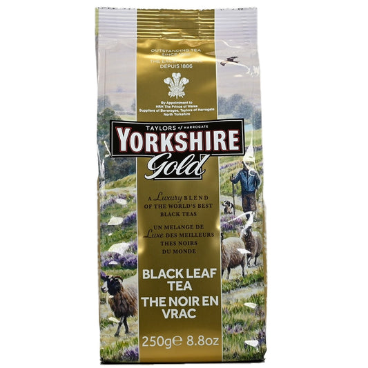 Yorkshire Gold black leaf tea package with pastoral scene design