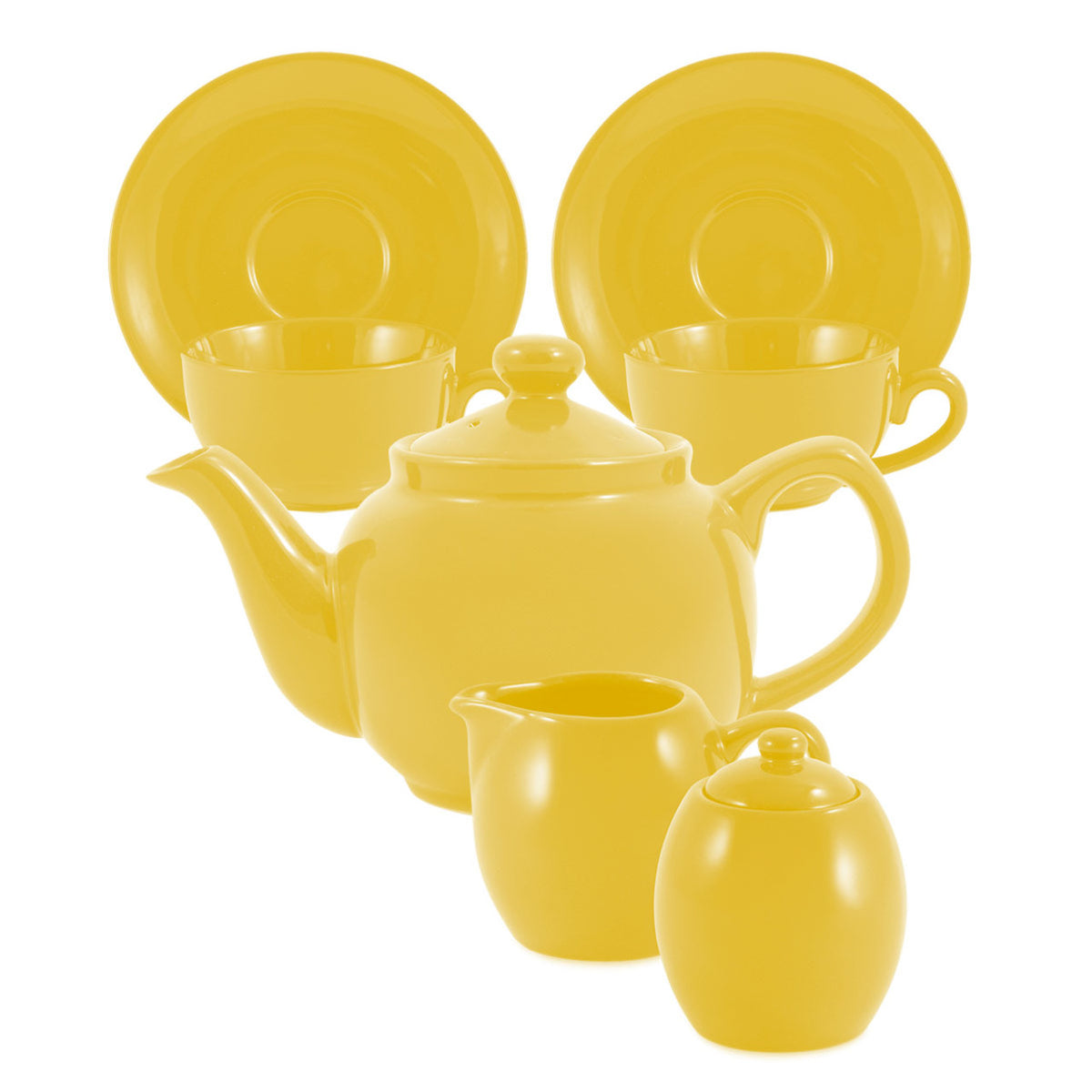 Yellow ceramic tea set including teapot, cups, and plates on a white background