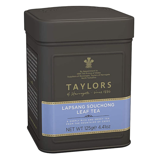 Taylors of Harrogate Lapsang Souchong leaf tea tin on a white background