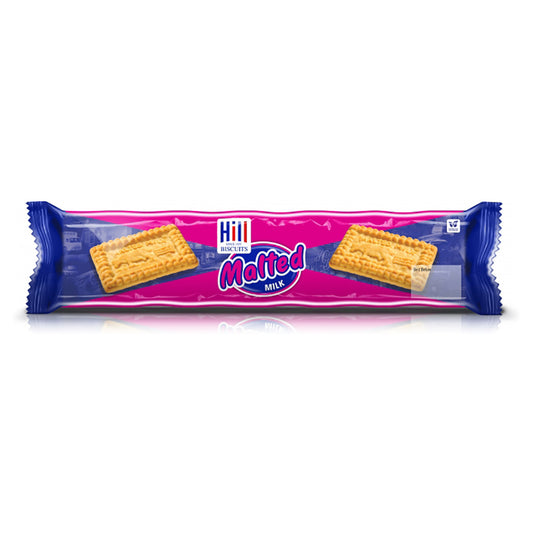 Packaged Hills Biscuits malted milk cookies with a pink and blue color scheme on a white background
