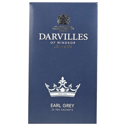 A navy-blue box of Darvilles of Windsor Earl Grey tea featuring a white drawing of a crown and white text.