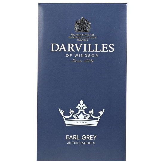 A navy-blue box of Darvilles of Windsor Earl Grey tea featuring a white drawing of a crown and white text.