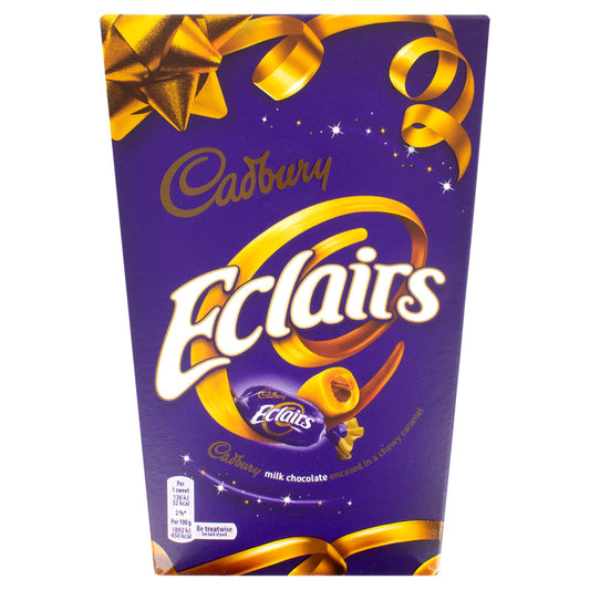 Cadbury Eclairs packaging with a gold bow on a white background