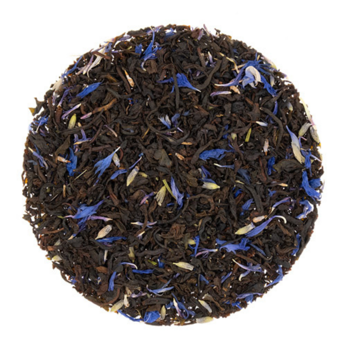 Black and dark brown tea leaves with blue flowers on a white background