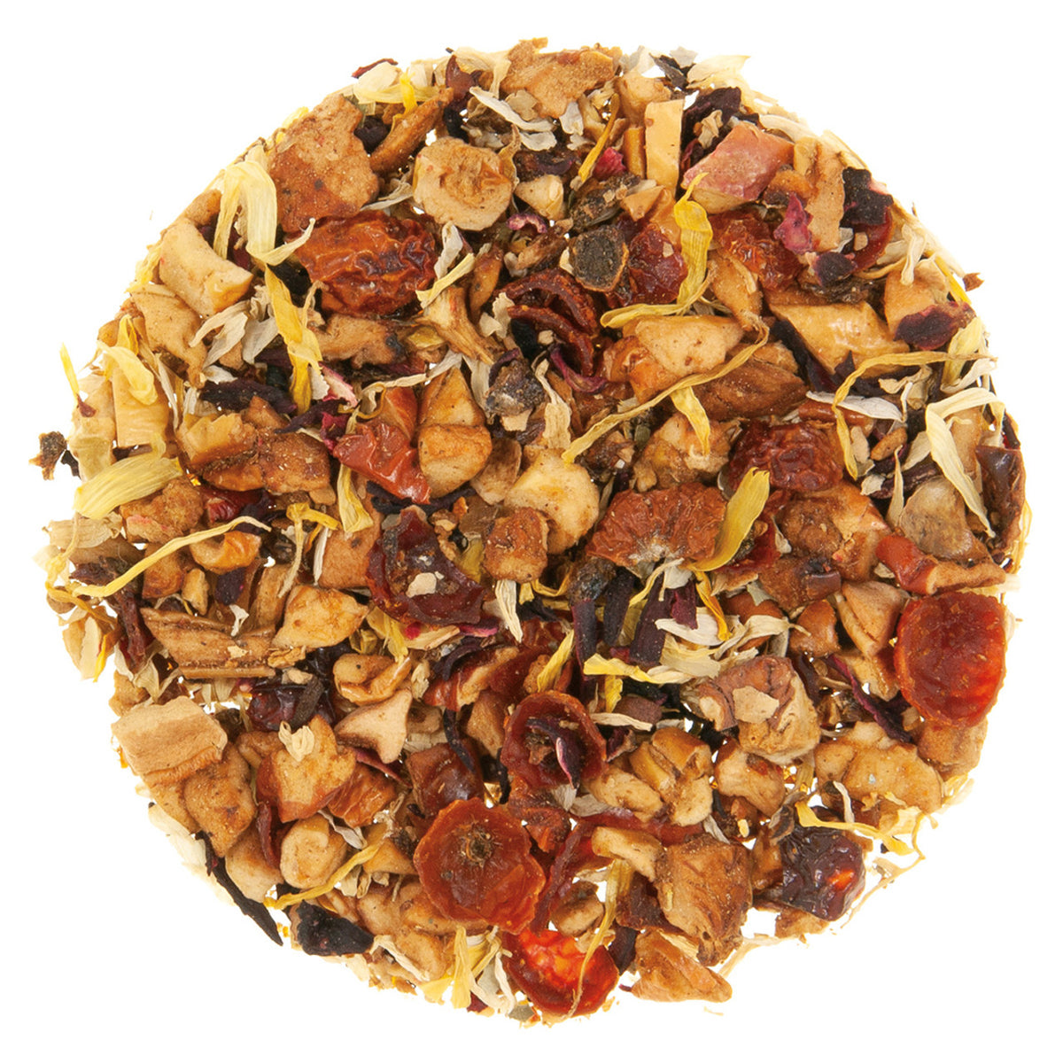 Assorted dried tea leaves intermixed with dried fruit pieces on a white background