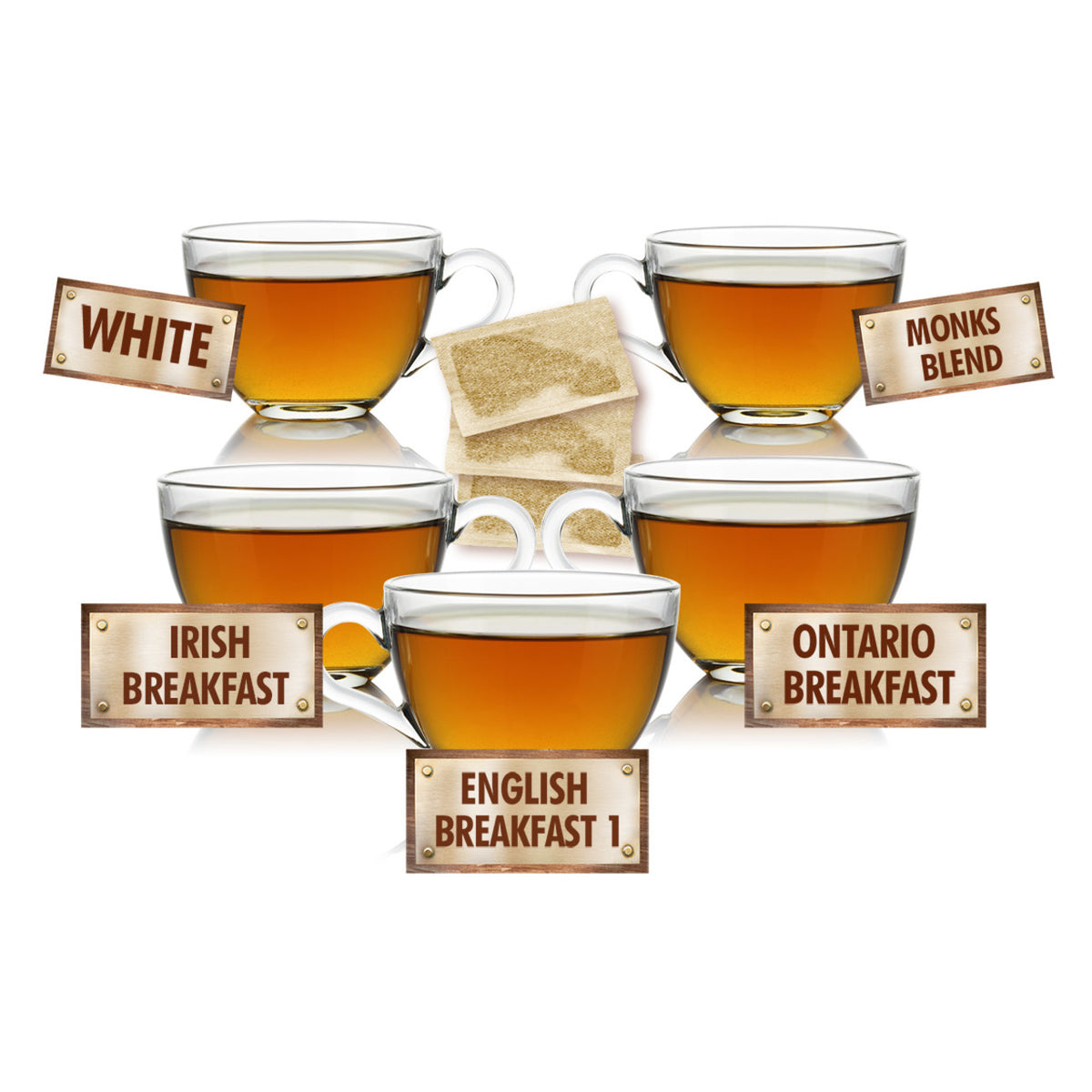 Tea cups with different types of tea and name labels on a white background