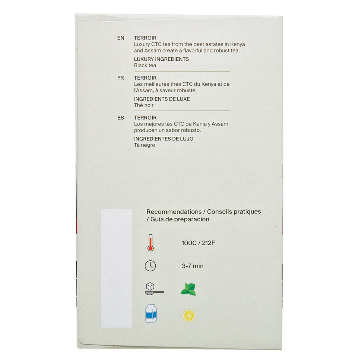 Bottom of box of Metz tea featuring recommended preparation steps.