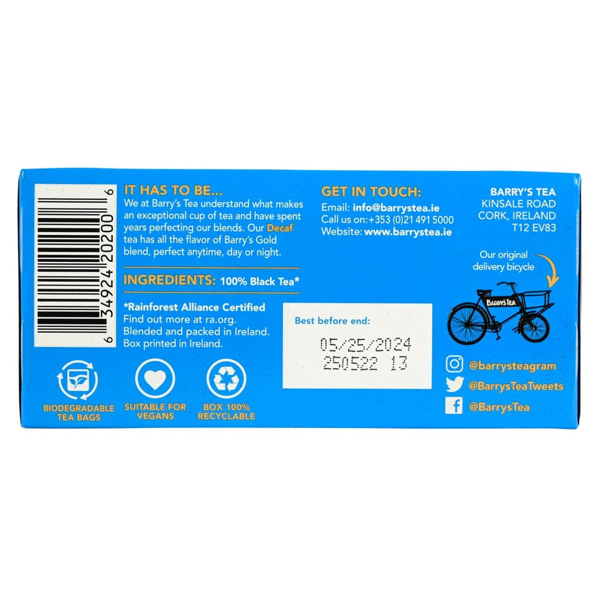 Back of a Barry's Tea box with branding, contact information, and product details.