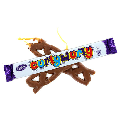 Chocolate candy bar with 'Curly Wurly' packaging on a white background