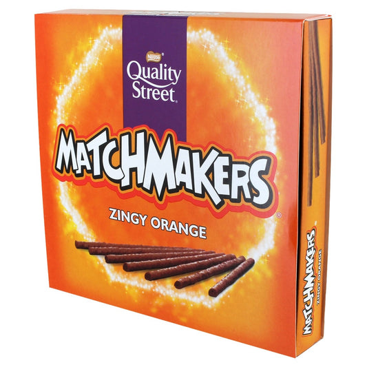 Box of Nestle Quality Street Matchmakers Zingy Orange chocolate sticks on an orange background
