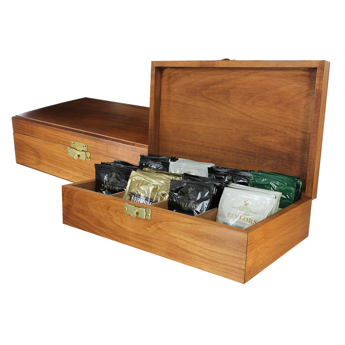 Wooden tea box with compartments containing individually wrapped teabags inside on a white background