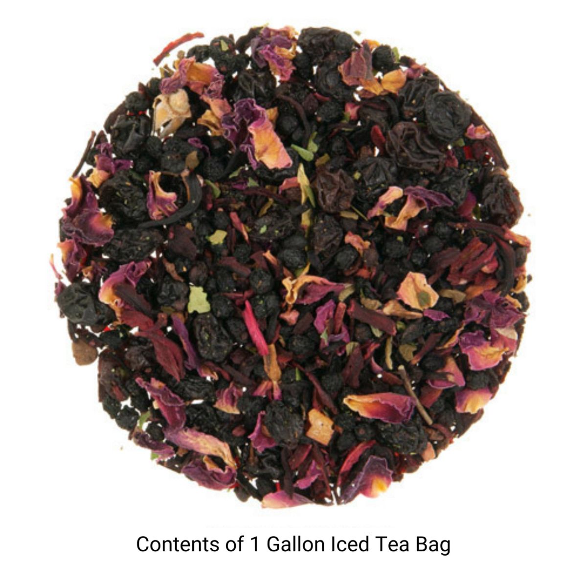 Loose leaf black tea with burgundy and beige flower petals on a white background with text "Contents of 1 Gallon Iced Tea Bag"