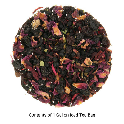 Loose leaf black tea with burgundy and beige flower petals on a white background with text "Contents of 1 Gallon Iced Tea Bag"
