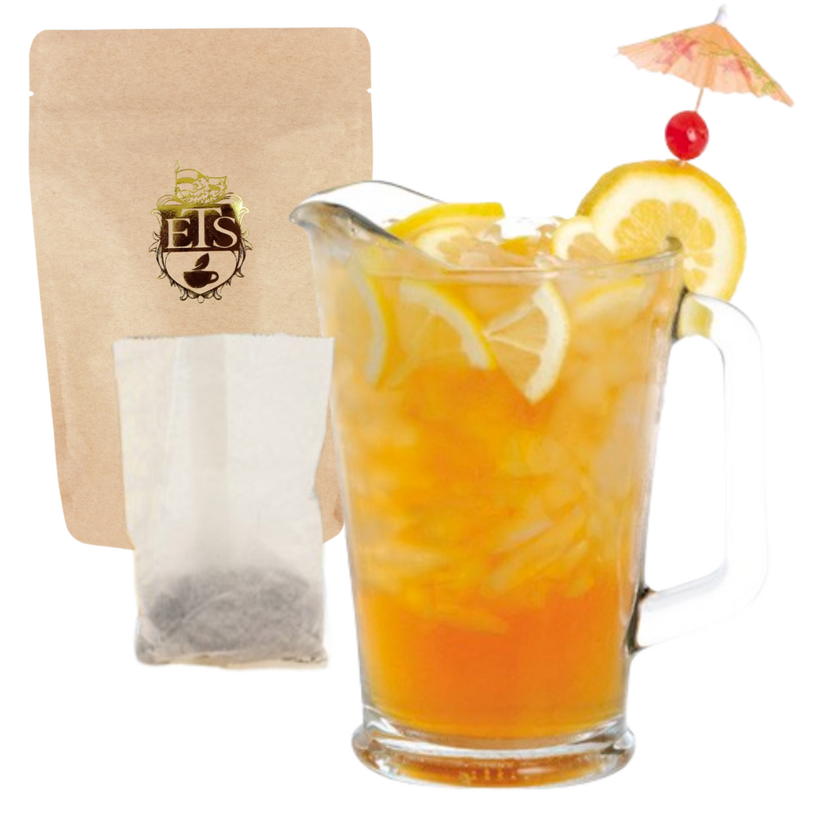 Glass pitcher of iced tea with lemon slices and a cherry, next to a package of tea bags.