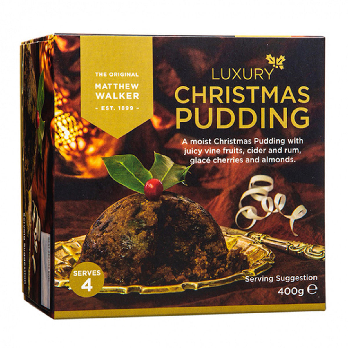 Box of Luxury Christmas Pudding with festive design and text.