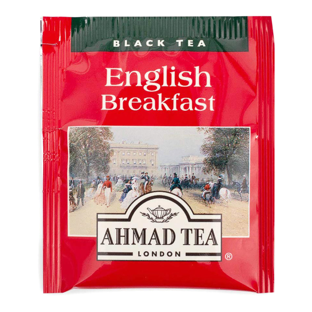 Individually wrapped teabag package for Ahamd Tea English Breakfast Black Tea in a red package with an image of old English society