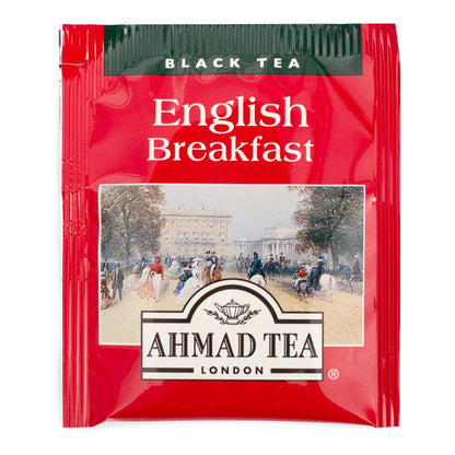 Individually wrapped teabag package for Ahamd Tea English Breakfast Black Tea in a red package with an image of old English society